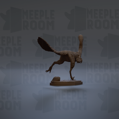 A 3D rendering of a dinosaur statue with a long neck and tail, standing on a platform.
