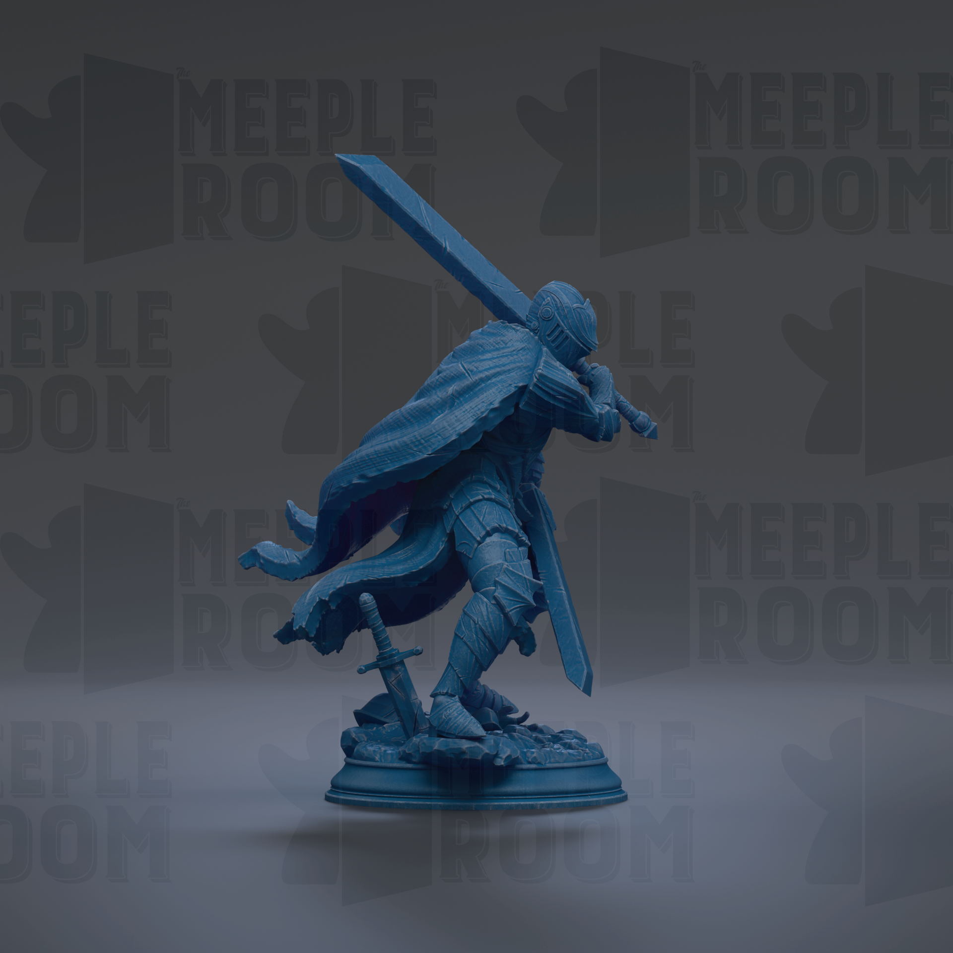 A blue figurine of a knight holding a sword and shield, standing on a base.