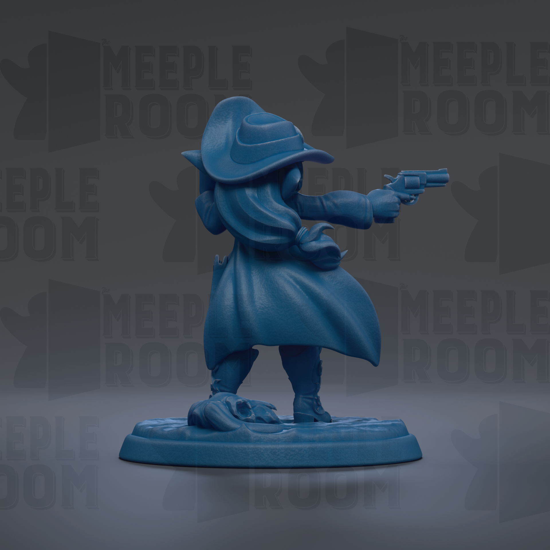 A blue figurine of a person holding a gun, standing on a base, against a dark background with repeated text.