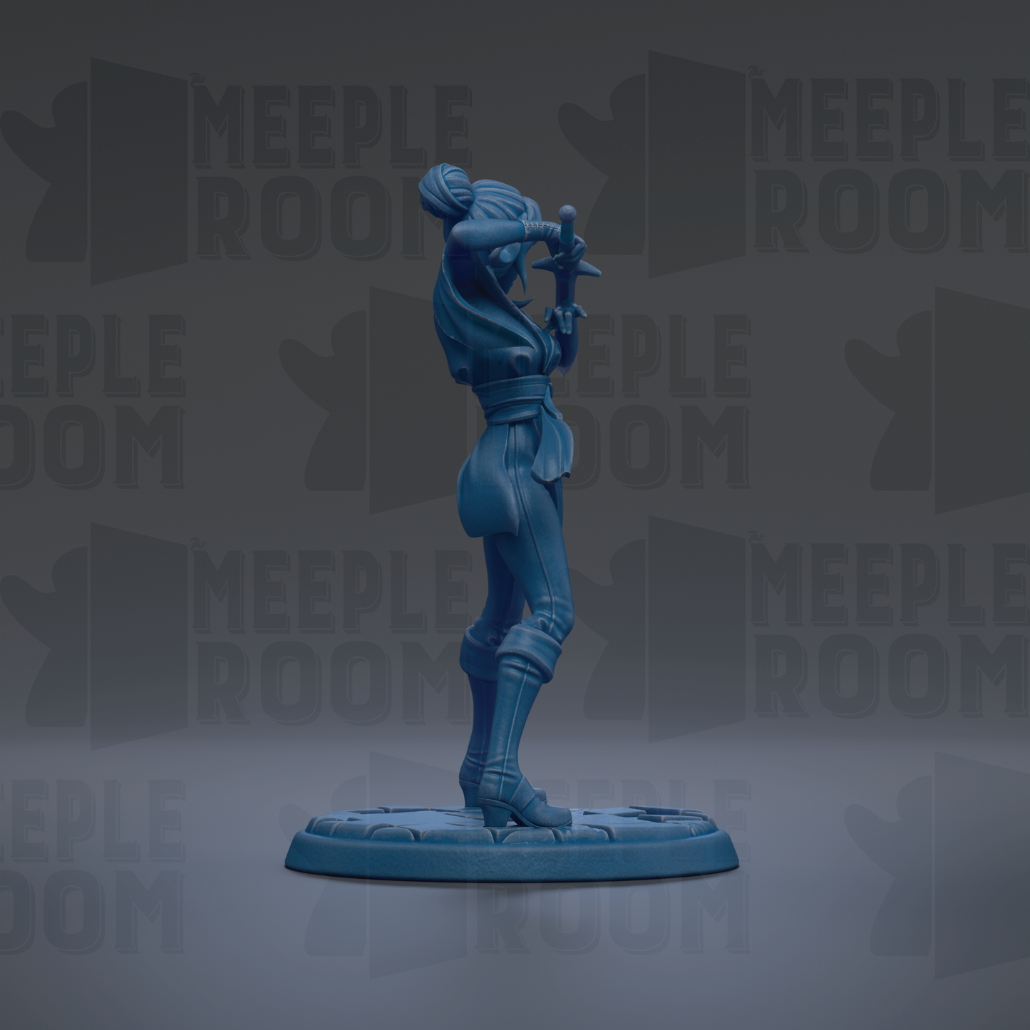 A blue figurine of a person standing on a platform, holding a weapon in their hands.