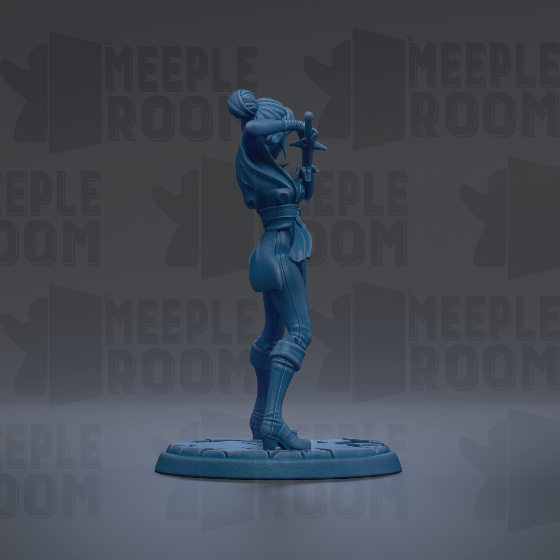 A blue figurine of a person standing on a platform, holding a weapon in their hands.
