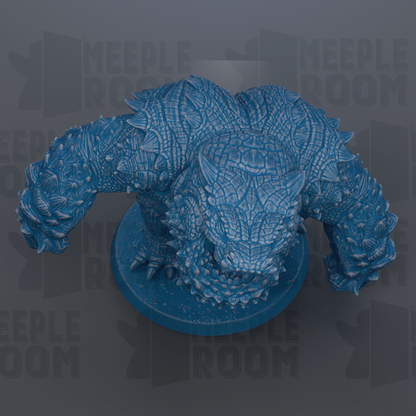 A detailed 3D rendering of a blue, armored creature with spikes and a fierce expression, standing on a blue base.