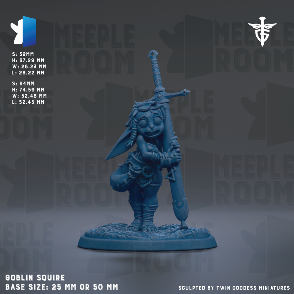 a blue figurine of a character with a sword, standing on a base. The figurine is described as a "Goblin Squire" and is shown in various sizes, including 25mm and 50mm. The image is a collage of multiple images, and the phrase "Sculpted by Twin Goddesses miniatures" is mentioned.