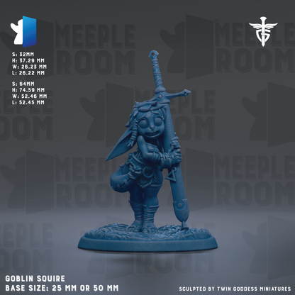 a blue figurine of a character with a sword, standing on a base. The figurine is described as a "Goblin Squire" and is shown in various sizes, including 25mm and 50mm. The image is a collage of multiple images, and the phrase "Sculpted by Twin Goddesses miniatures" is mentioned.