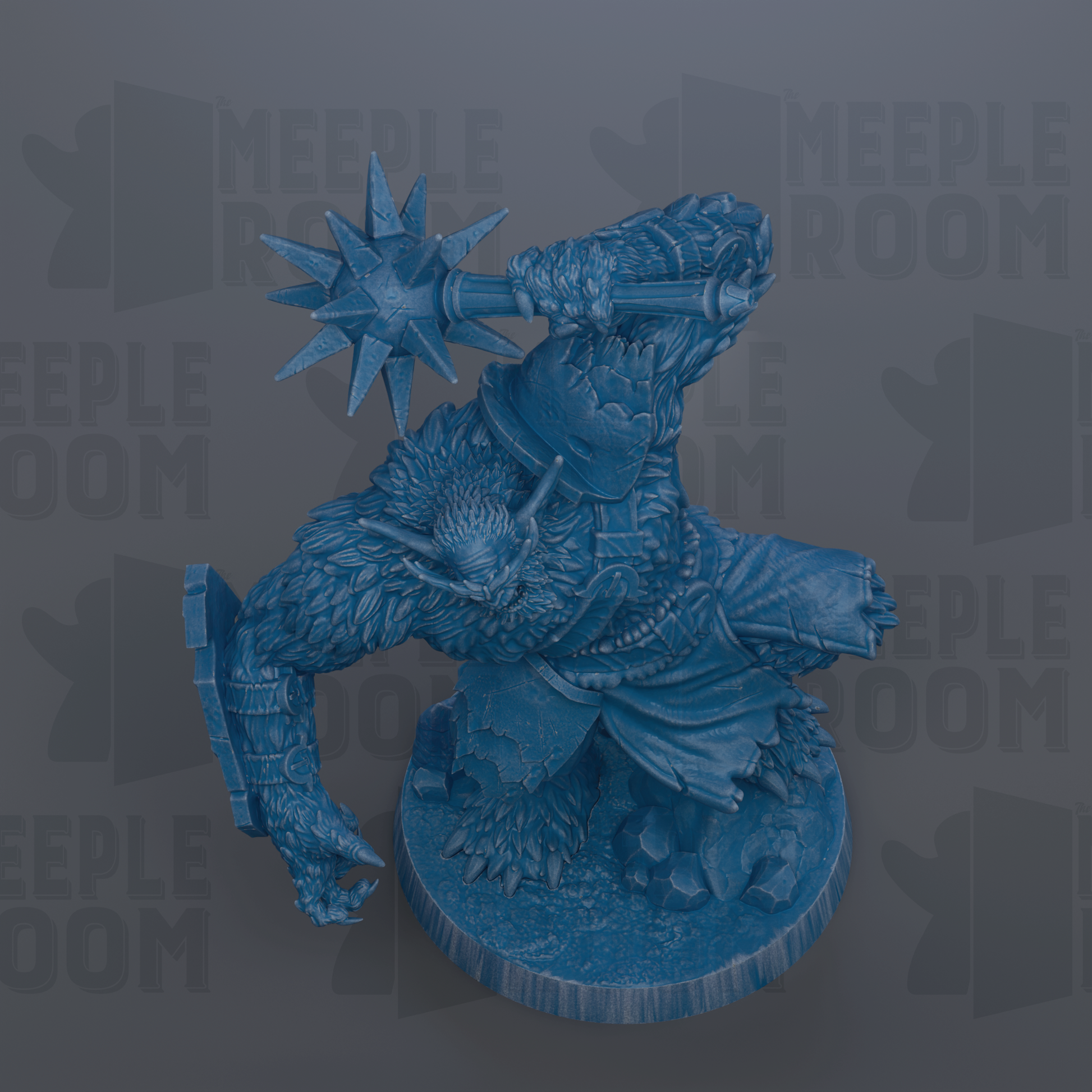 A 3D rendering of a blue, furry creature with sharp teeth and claws, holding a large weapon in its hands.