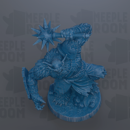 A 3D rendering of a blue, furry creature with sharp teeth and claws, holding a large weapon in its hands.