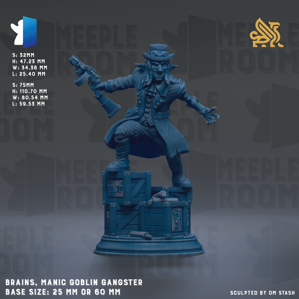 a blue figurine of a manic cobliner, a type of fictional character from the "Meeple Room" universe, standing on a base and holding a gun. The figurine is described as a "Brains, manic cobliner gangster" and is shown in various sizes, including 25mm and 60mm. The image is a collage of multiple images, and the artist has been credited as "DM Stash" for sculpting the piece.