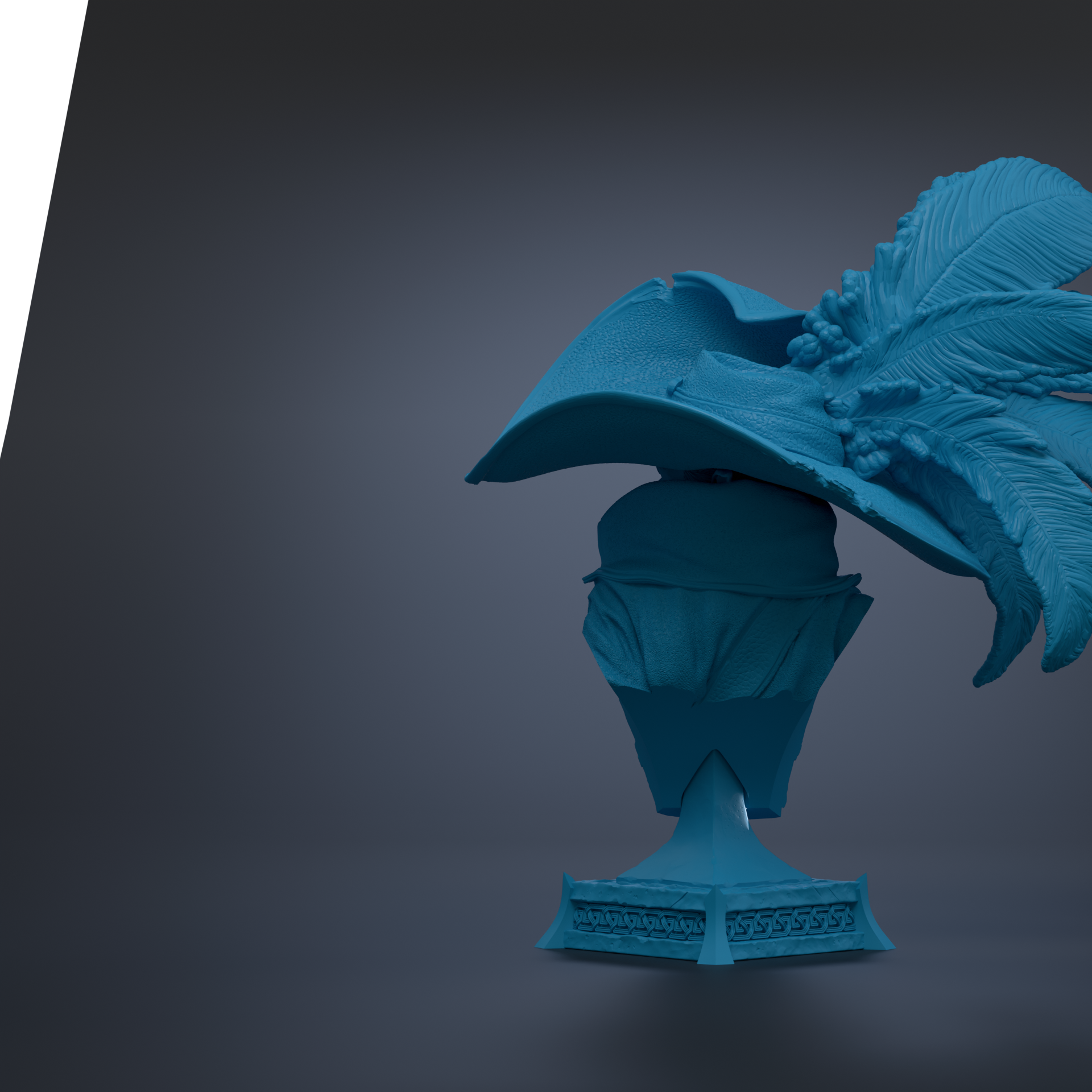 A blue, 3D-rendered trophy or trophy-like object with a large, intricately designed leaf-like decoration on top.