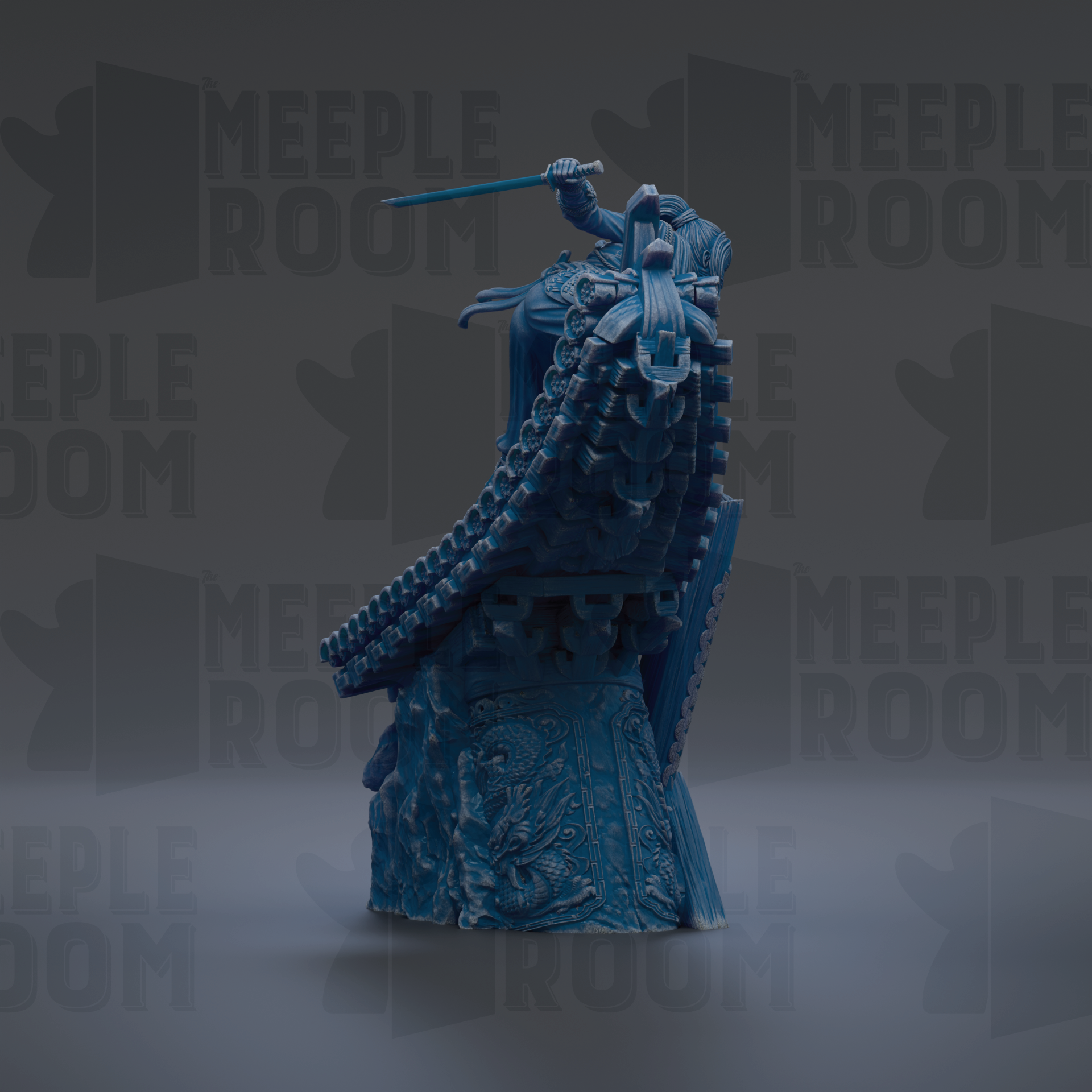 A blue, 3D-rendered statue of a figure holding a sword and shield, standing on a pedestal with intricate designs.