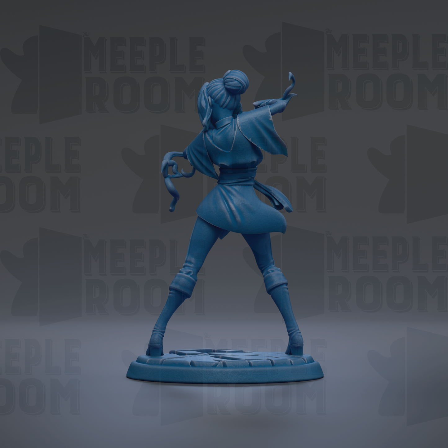 A blue figurine of a person in a fighting stance, with the text "MEUPLE ROOM" repeated in the background.
