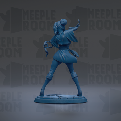 A blue figurine of a person in a fighting stance, with the text "MEUPLE ROOM" repeated in the background.
