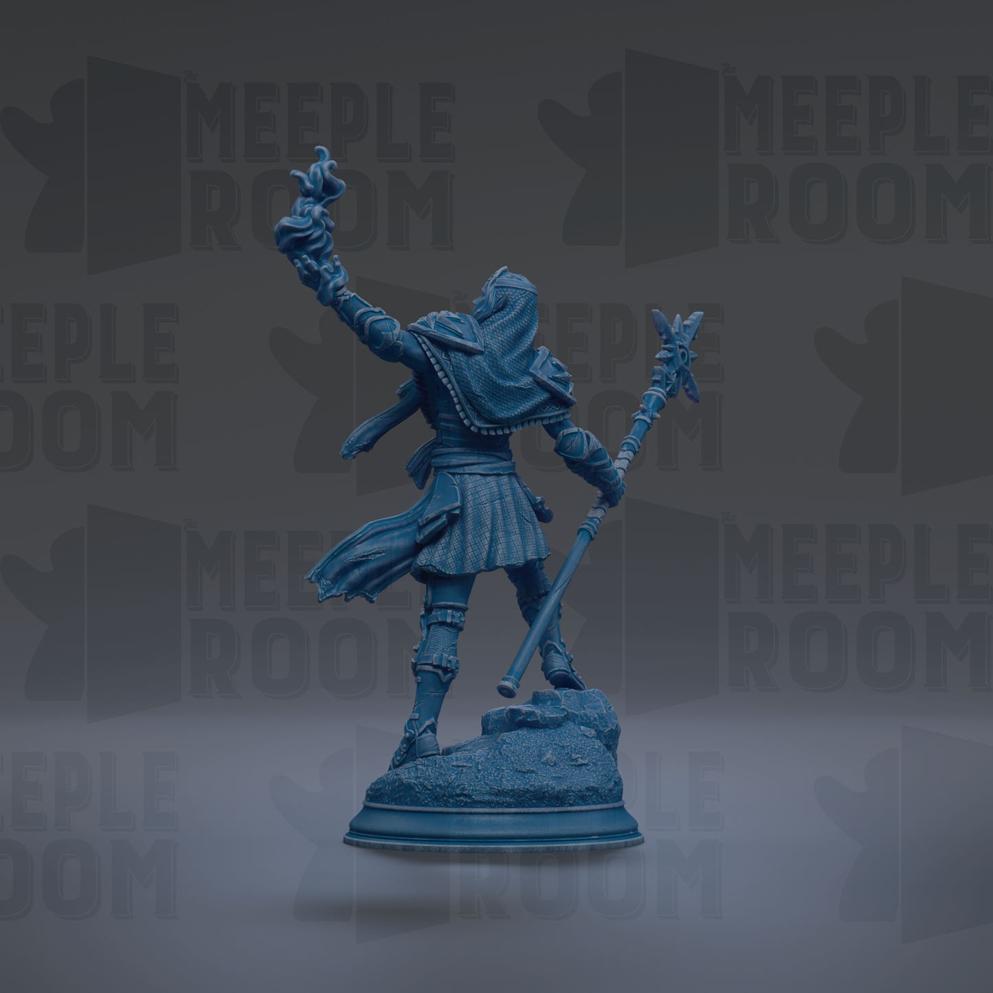 A blue statue of a figure holding a staff and a shield, standing on a pedestal against a dark background with repeated text.