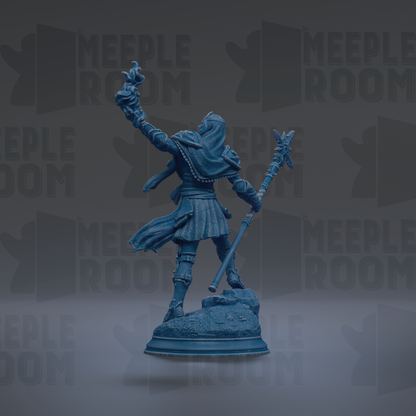 A blue statue of a figure holding a staff and a shield, standing on a pedestal against a dark background with repeated text.