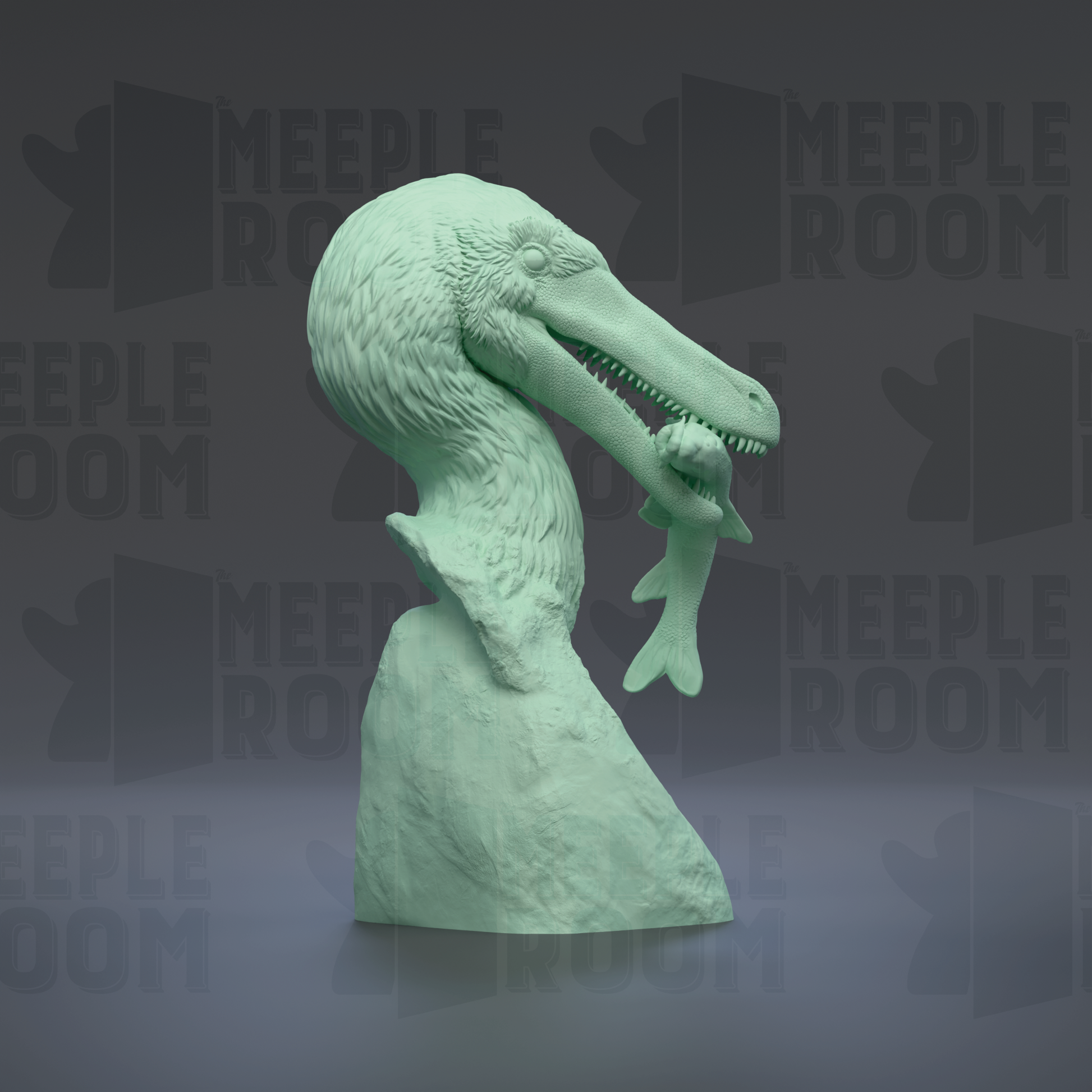 A green dinosaur head sculpture is shown against a dark background with repeated text.