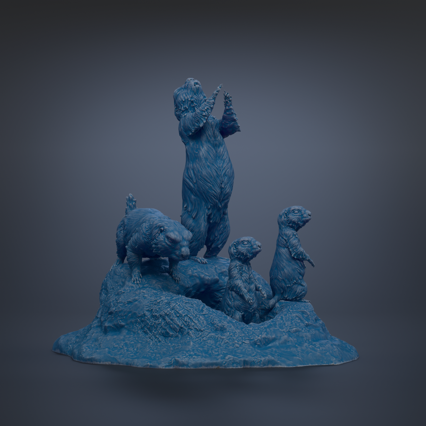 A blue sculpture depicting a bear standing on its hind legs, with three smaller bears sitting or standing nearby.