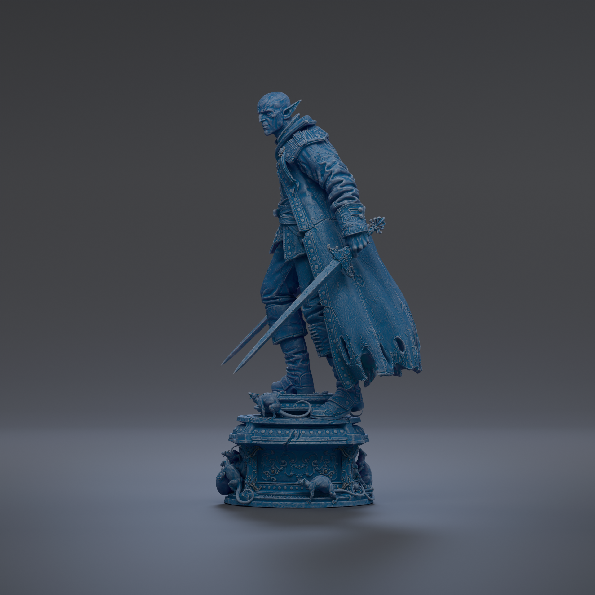A blue statue of a man standing on a pedestal, holding a sword and wearing a cape.