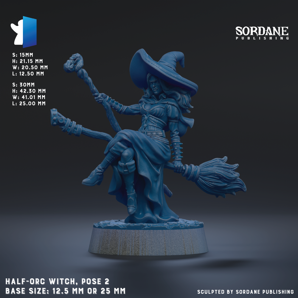 The image is a 3D rendering of a half-org witch statue, with the base size being either 12.5 mm or 25 mm. The statue is posed with a broom in one hand and a staff in the other, and it is wearing a pointed hat. The image does not contain any text, and it is a single, detailed image of the statue.