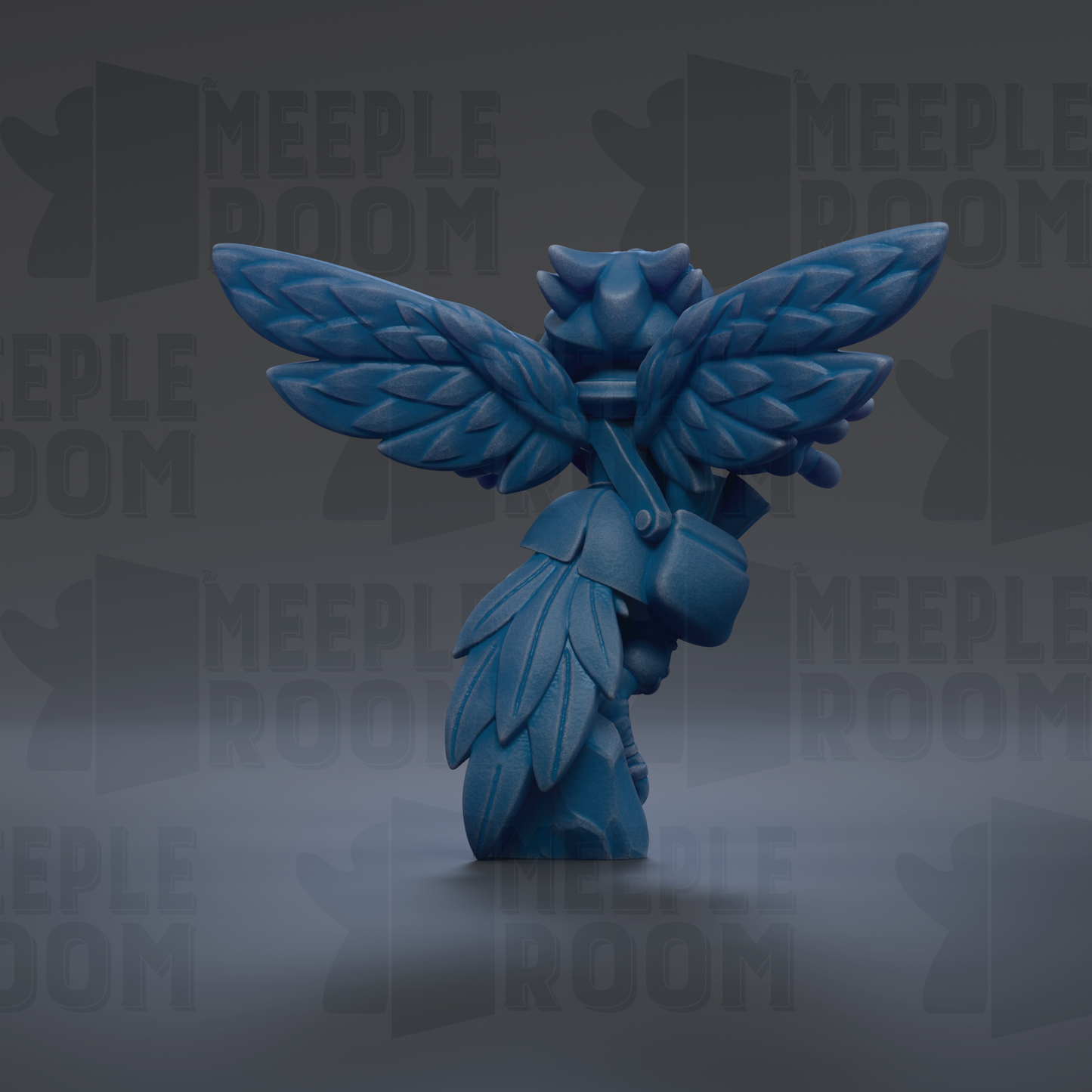A blue, winged figurine with a bag on its back, standing on a gray surface against a dark background with repeated text.