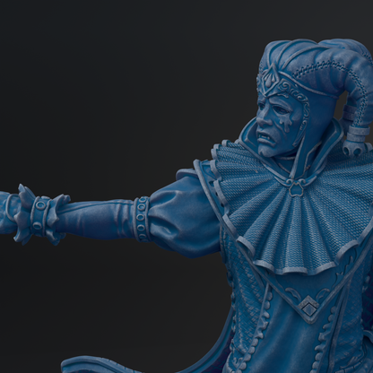 A detailed 3D rendering of a blue statue depicting a figure with a flowing robe and ornate headdress, standing in a dynamic pose.