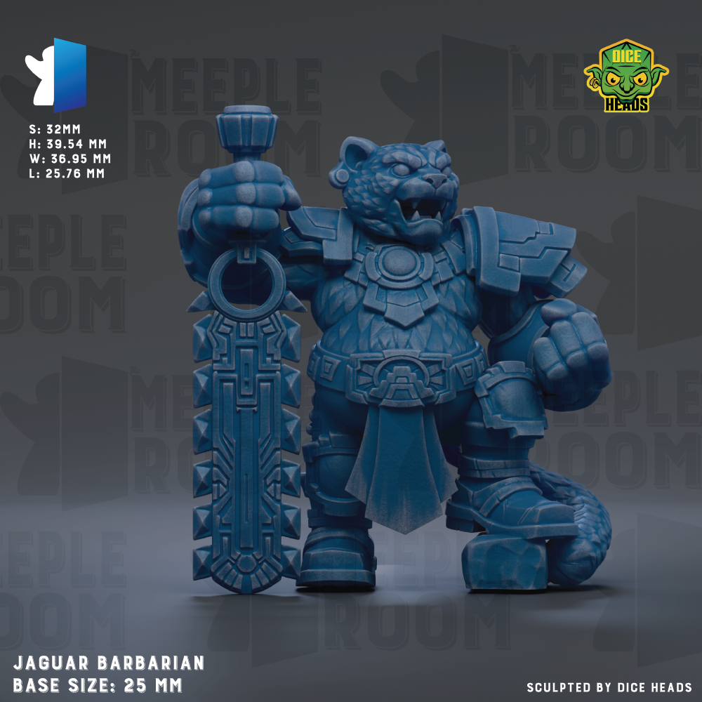 A jaguar barbarian figurine in a blue color, standing on a gray background.
