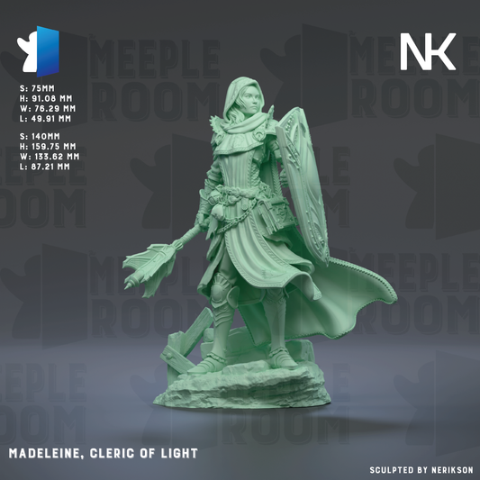 a detailed green figurine of a female character, identified as Madeleine, the Cleric of Light, standing on a rock. The figurine is holding a shield and a staff, and it is wearing a flowing robe and a hood. The background of the image is dark, which contrasts with the figurine and makes it stand out. The image does not contain any text, and it does not depict a scene or a person. It is a single, static image of the figurine.