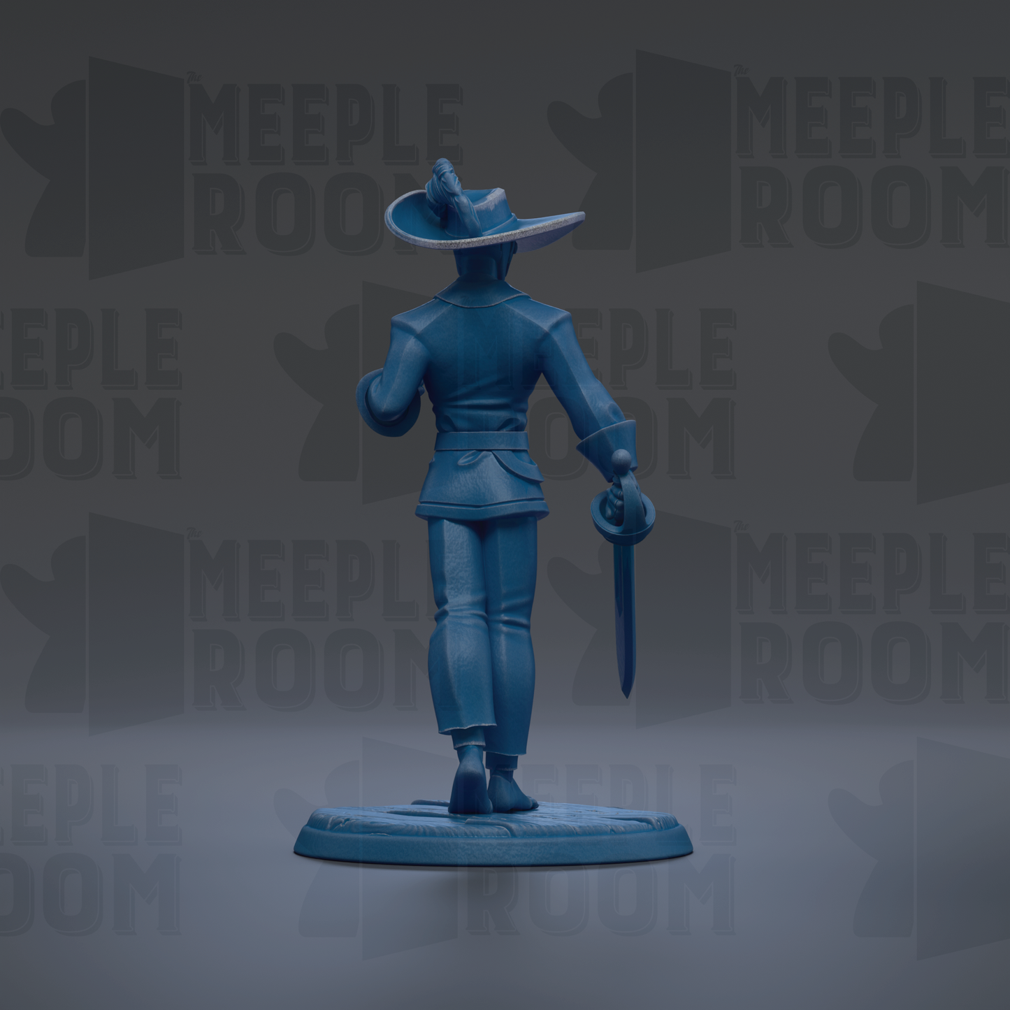 A blue figurine of a person wearing a hat and holding a sword is shown against a dark background with repeated text.