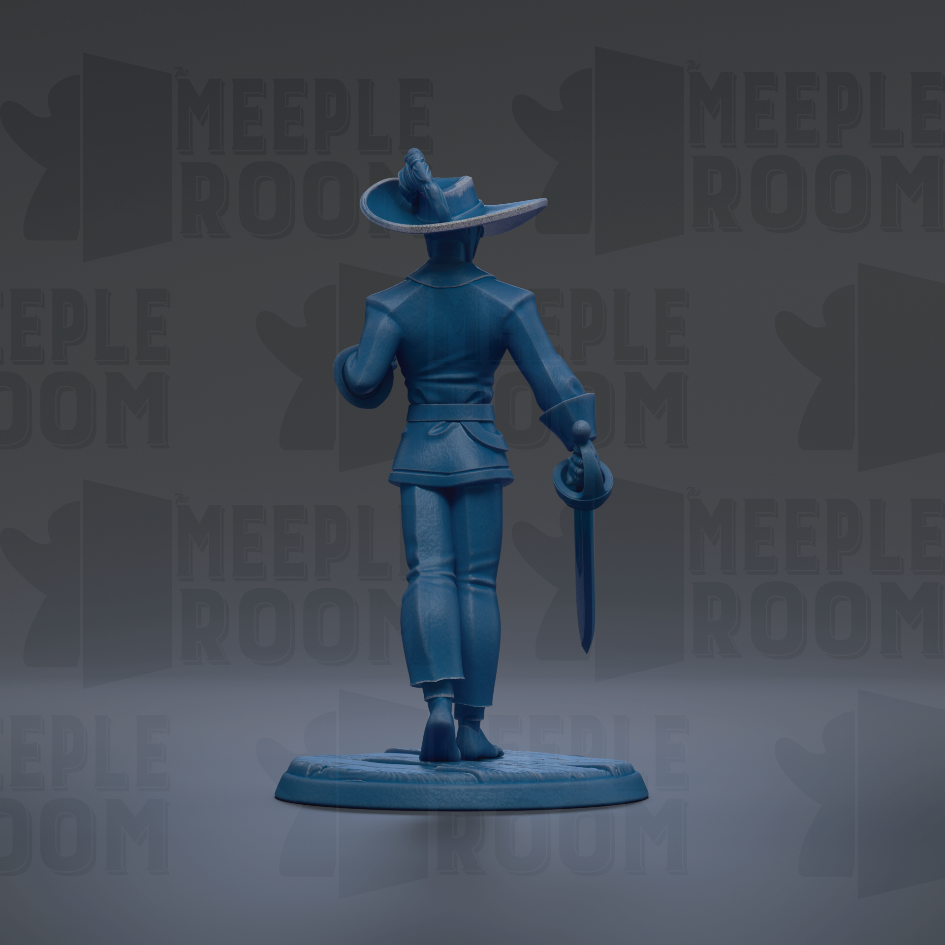 A blue figurine of a person wearing a hat and holding a sword is shown against a dark background with repeated text.