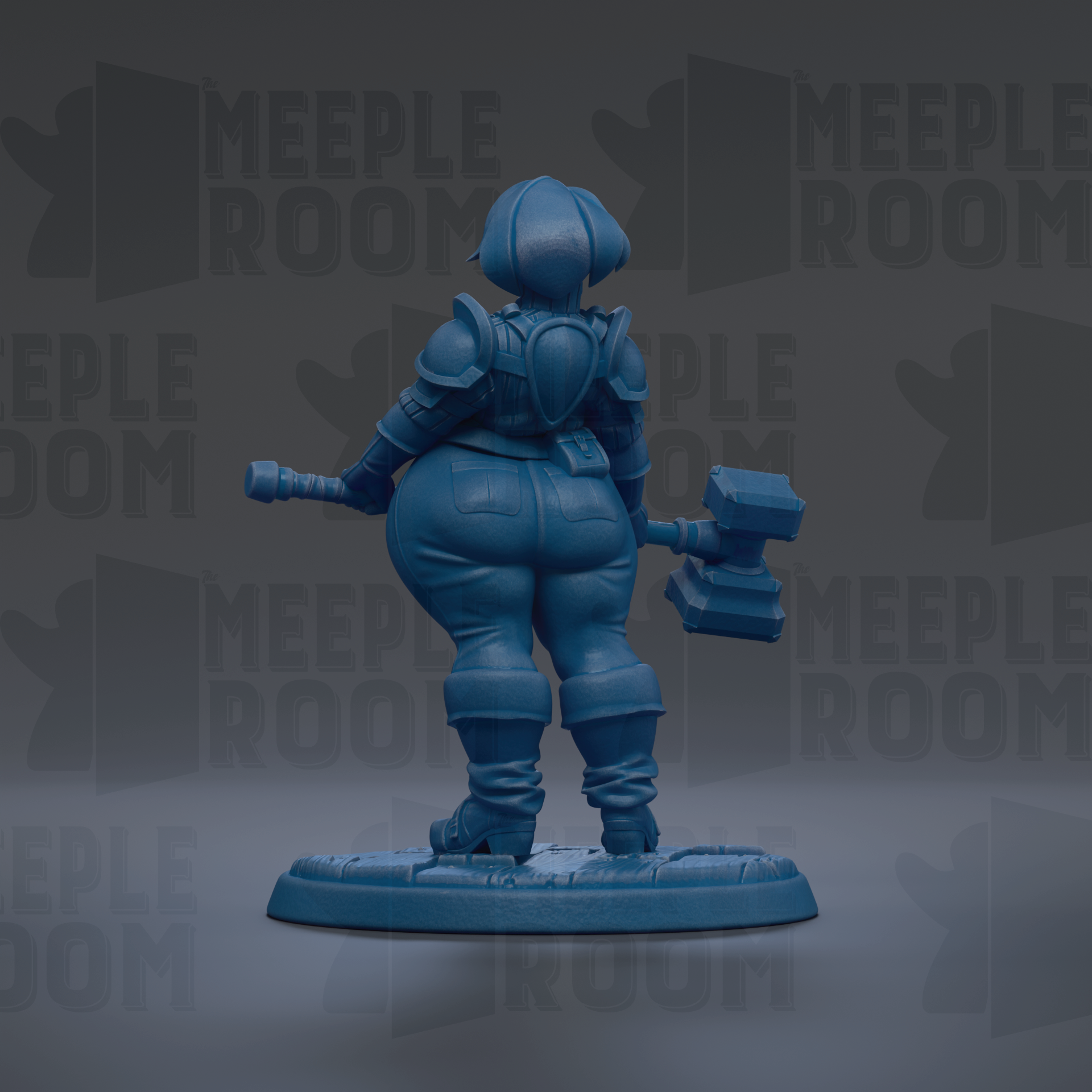 A blue figurine of a person holding a hammer and standing on a base.
