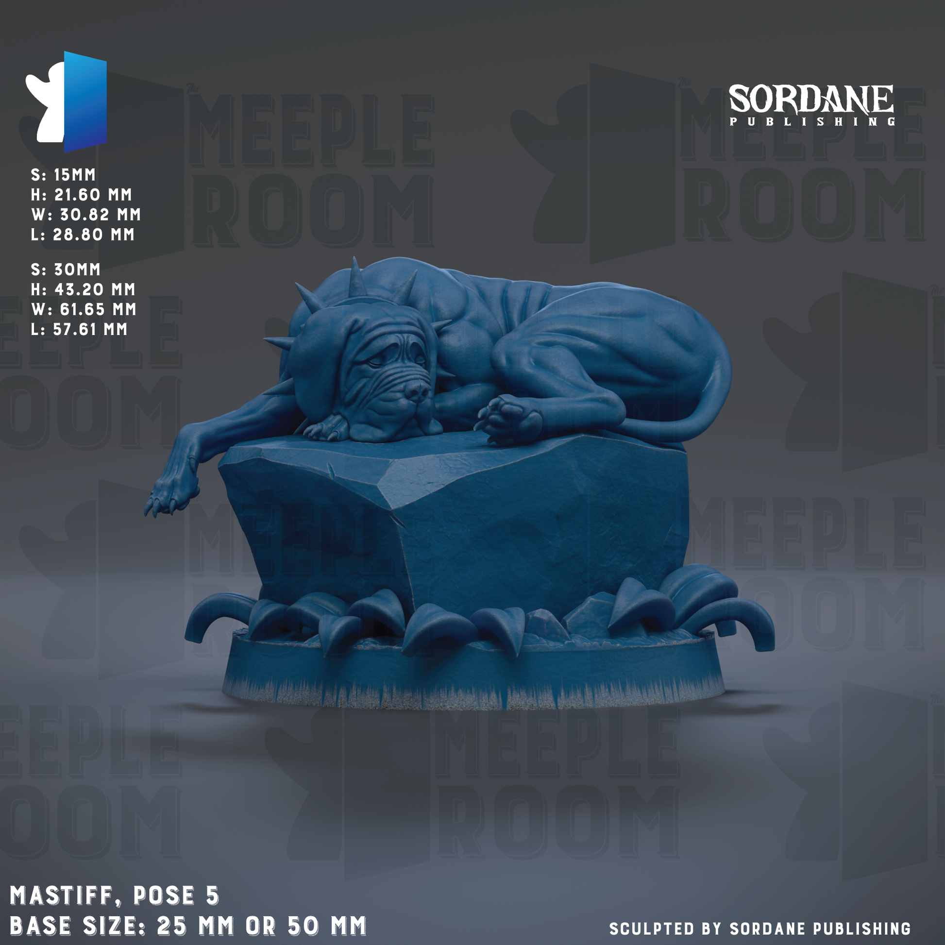 The image is a 3D rendering of a blue sculpture of a dog or lion, positioned on a rock formation. The sculpture is described as "Mastiff, pose 5" and "base sizes: 25 mm or 50 mm". The image is a collage of multiple images, and it is not a description of each individual image. The phrase "SORDANE PUBLISHING" is visible in the image.