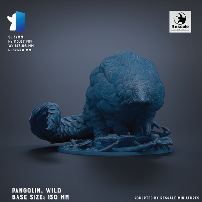 A 3D rendering of a pangolin, a type of lizard, in a blue color. The pangolin is depicted in a crouching position, with its head and tail curled up. The image is labeled with the text "Pangolin, Wild Base Sizes: 130 mm" and "Sculpted by Rescue Miniatures".