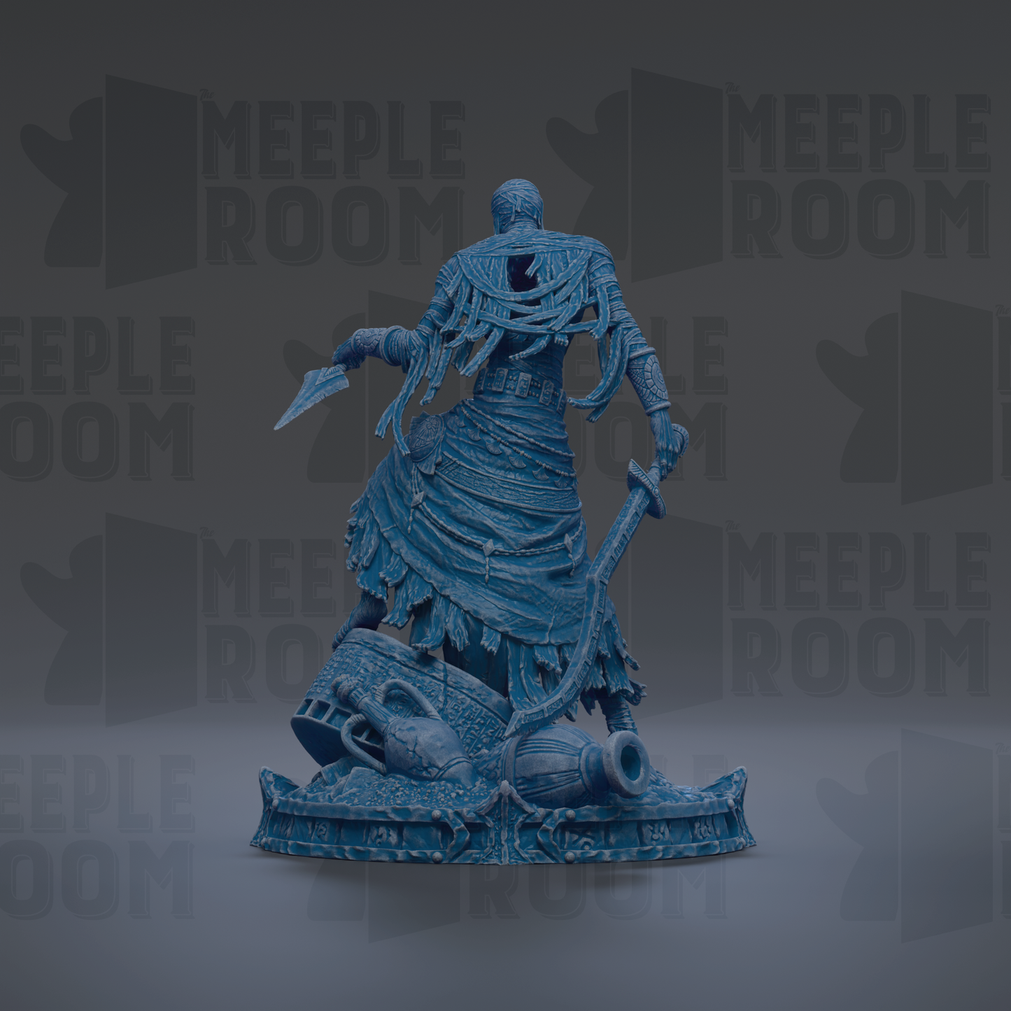 A blue, 3D-rendered statue of a figure with a sword and shield, standing on a platform.