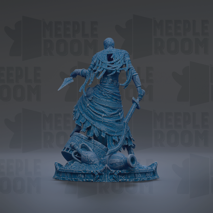 A blue, 3D-rendered statue of a figure with a sword and shield, standing on a platform.