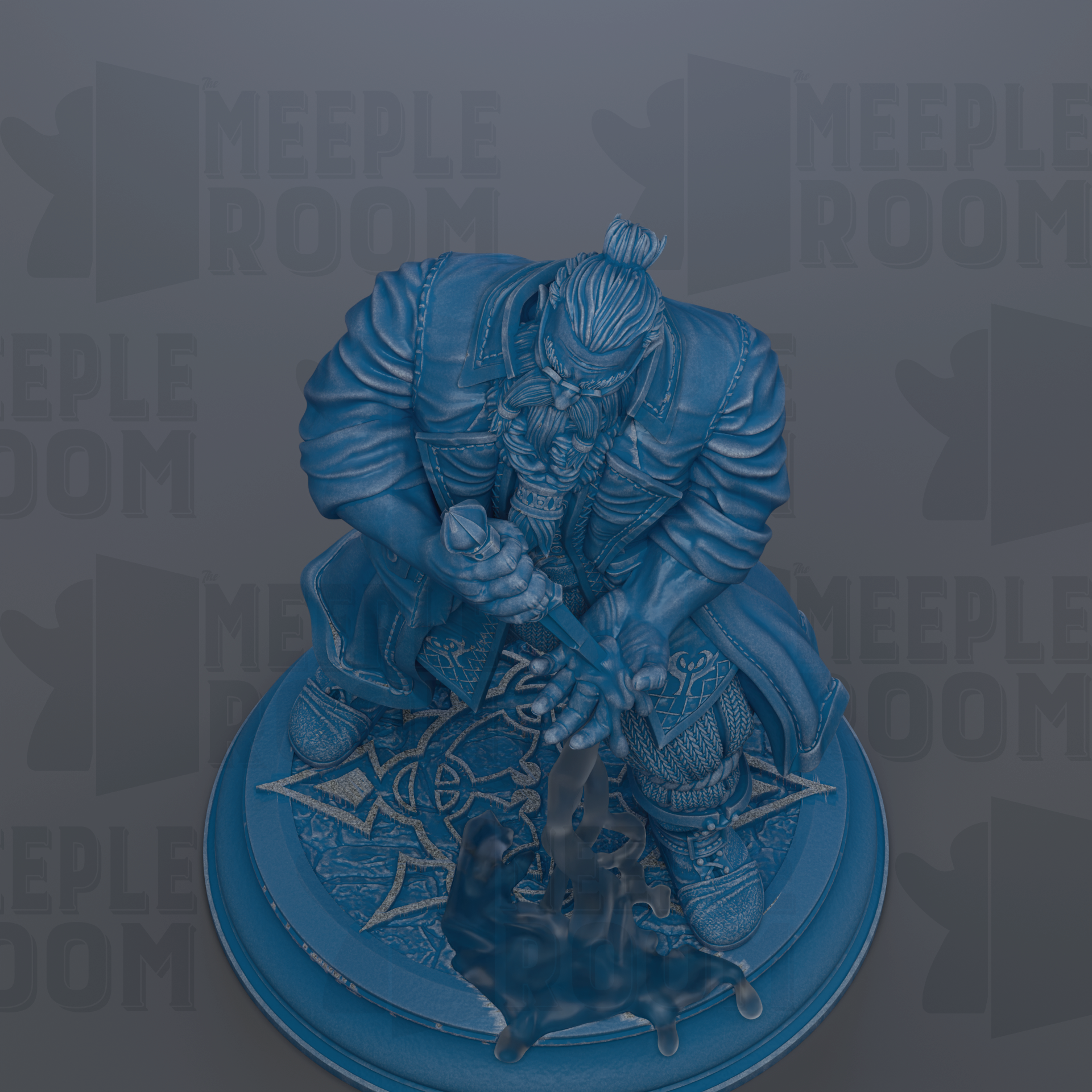 A blue statue of a man with a beard and mustache, holding a sword and standing on a pedestal with a design on it.