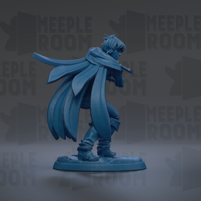 A blue figurine of a person with a cape, standing on a base and facing to the right.