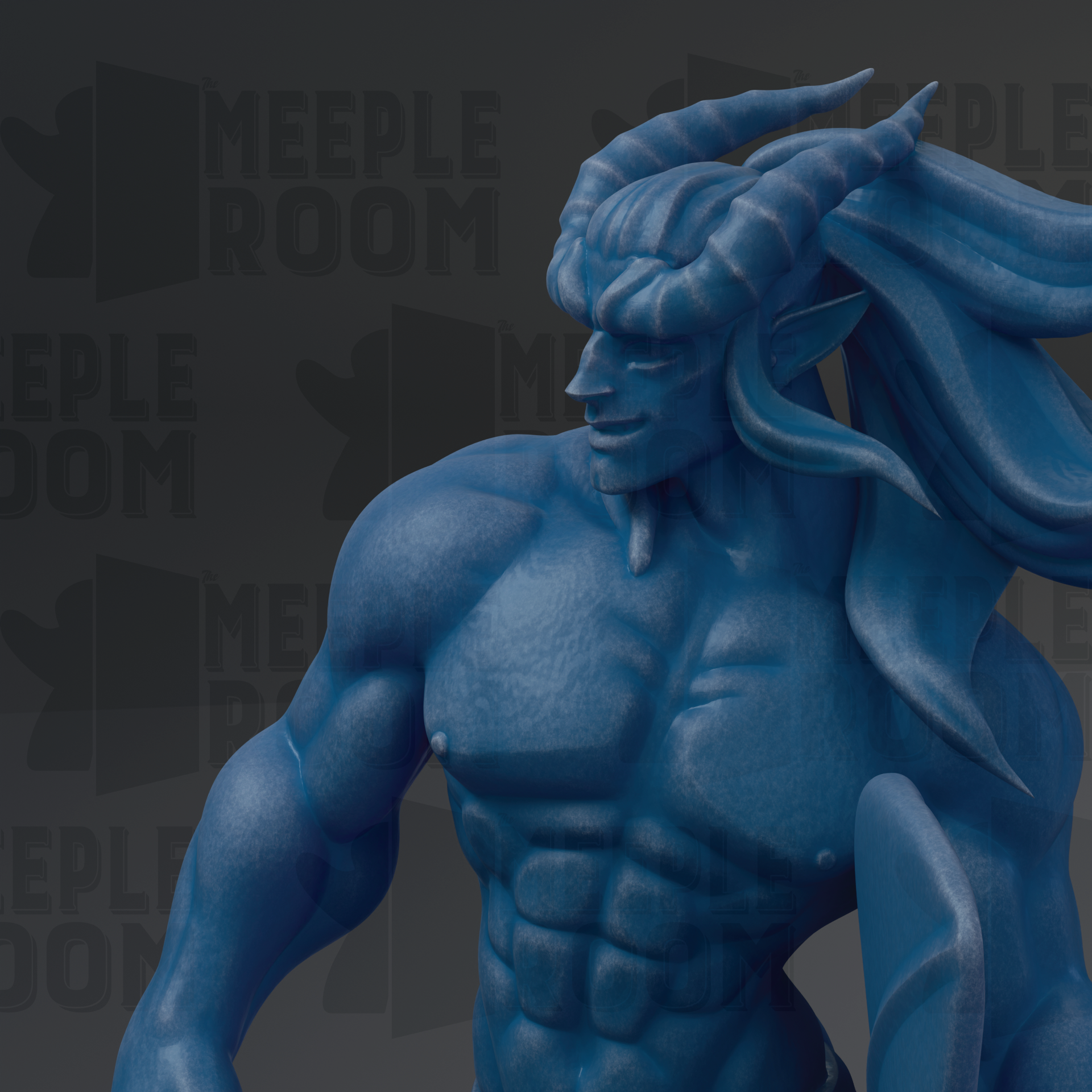 A close-up of a muscular, blue-colored statue with horns, set against a dark background.