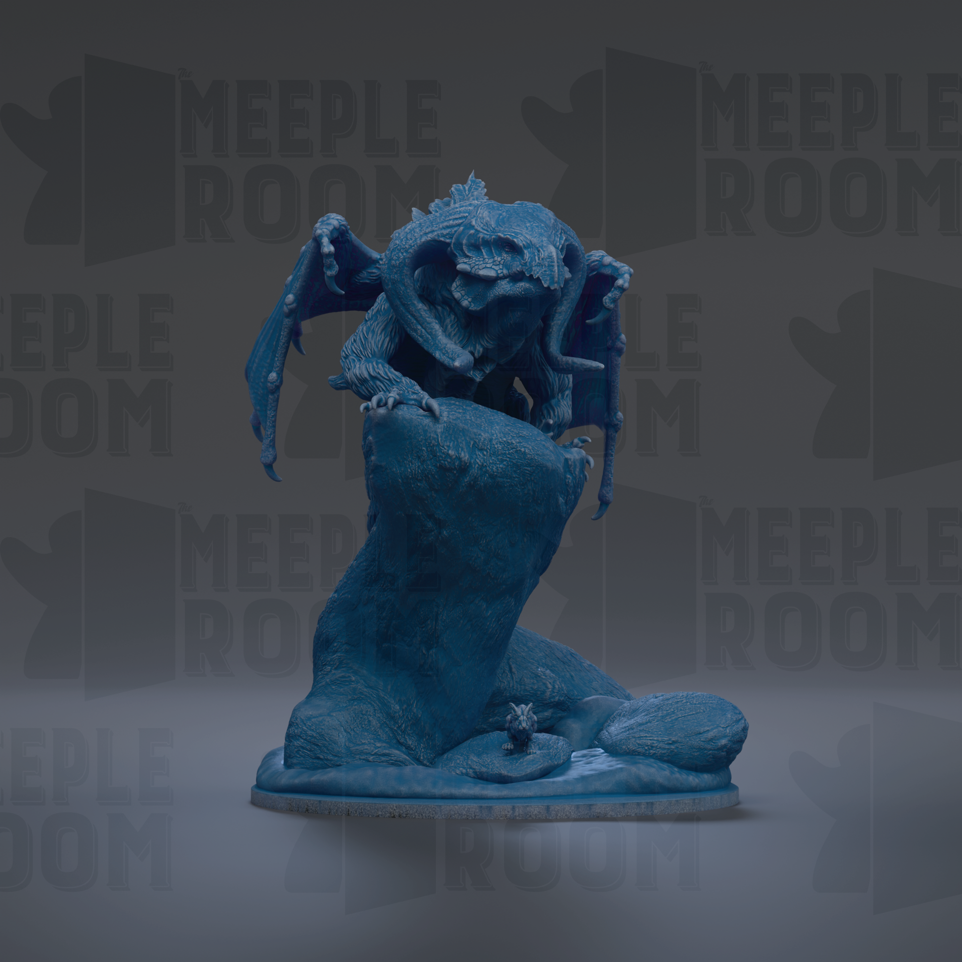 A blue dragon figurine is displayed against a dark background with repeated text.