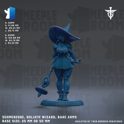 The image is a 3D rendering of a female character in a witch's outfit, holding a wand and standing on a base. The character is depicted in a blue color, and the background features a repeating pattern of the word "MEIPLE ROOM".