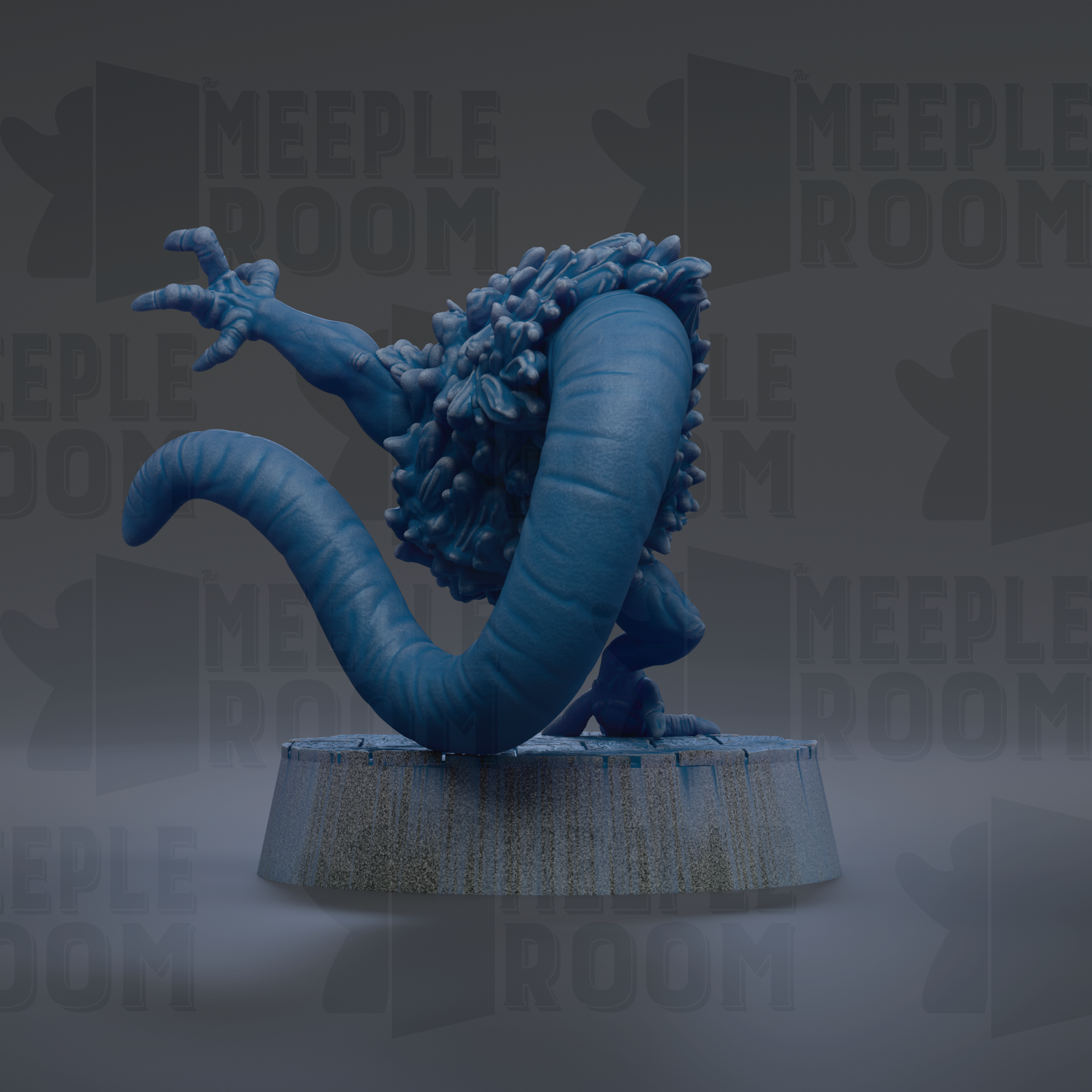 A 3D rendering of a blue, clawed creature with a long, curved tail, standing on a platform against a dark background with repeated text.