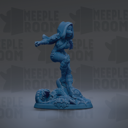 A blue figurine of a person standing on a platform, with a dark background that has the word "MEUPLE ROOM" repeated multiple times.