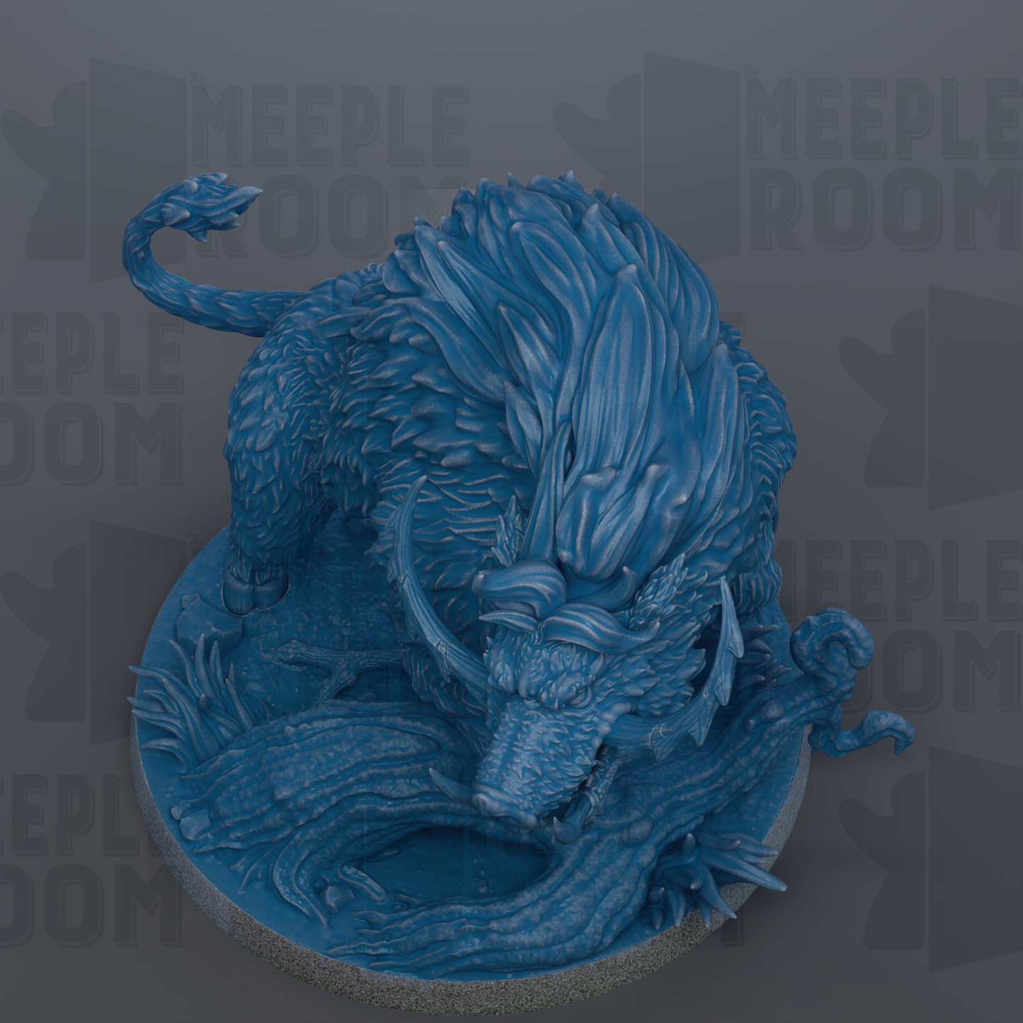A blue, detailed sculpture of a fierce-looking creature with sharp teeth and claws, sitting on a base and appearing to be in a fighting stance.