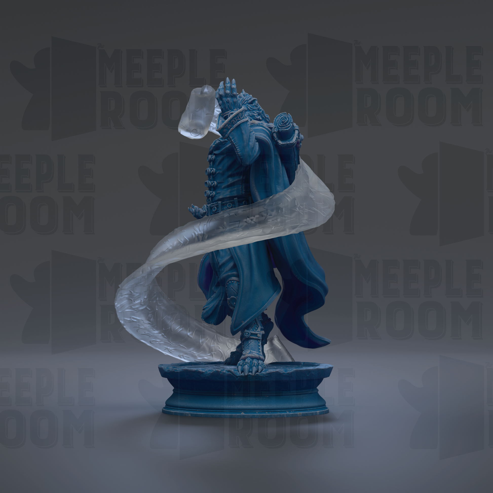 A blue statue of a figure with a flowing cape and holding a shield stands on a pedestal against a dark background with repeated "MEPLEROOM" text.