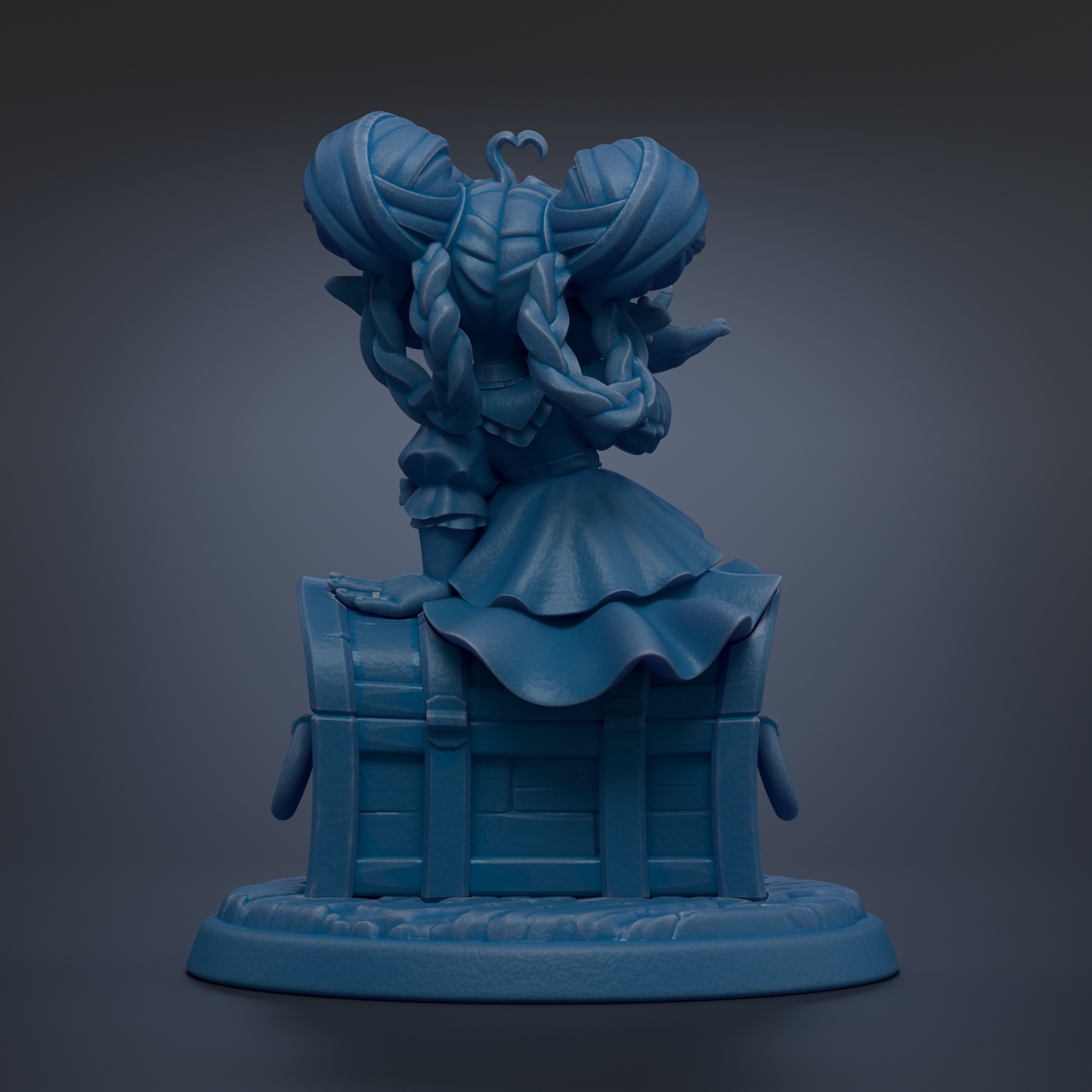 A blue 3D model of a female character with braided hair, sitting on a chest-like structure.
