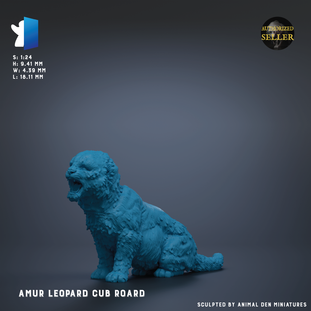 a blue figurine of a leopard cub, specifically the Amur Leopard Cub Roard, sitting on a gray background.