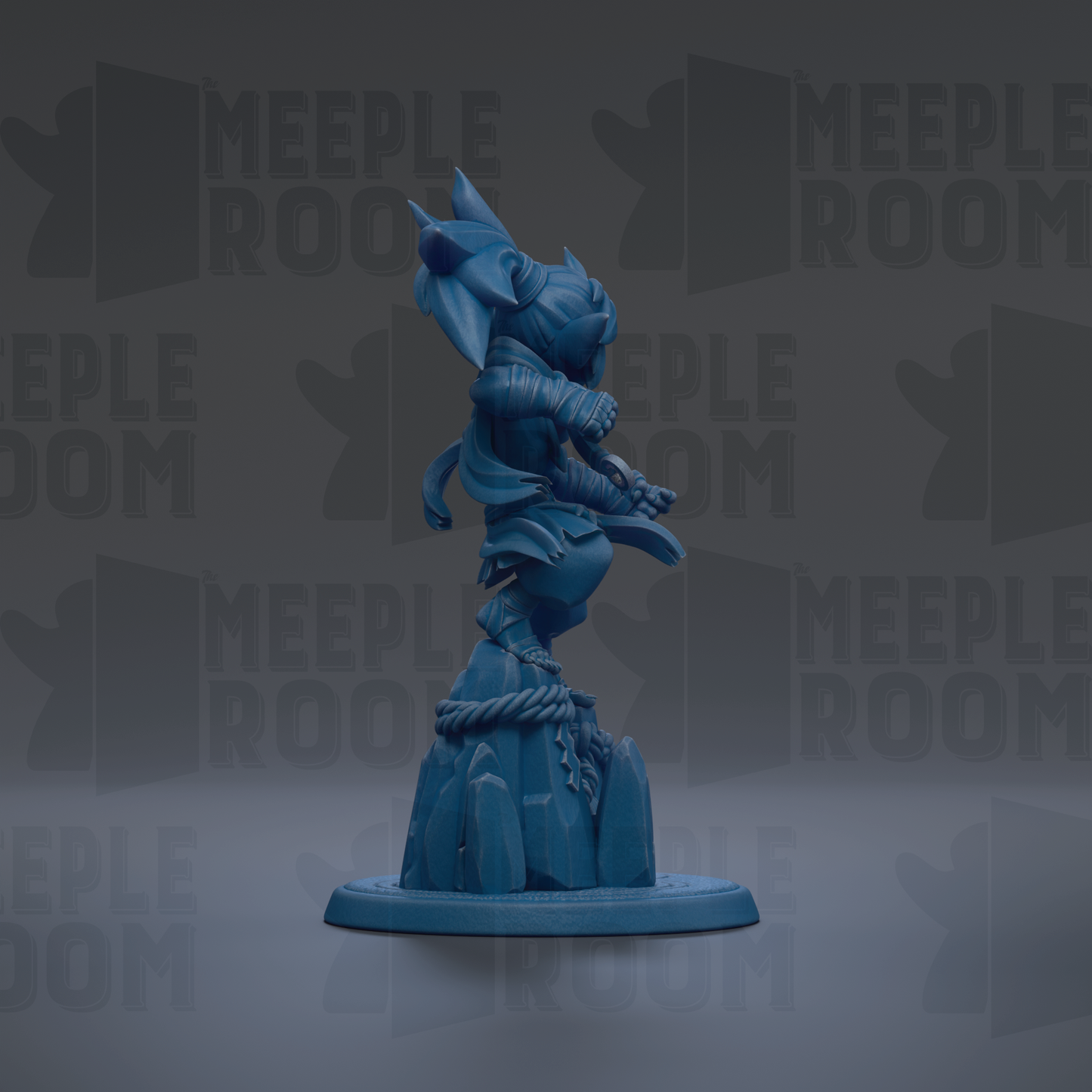 A blue figurine of a character with horns and a flowing robe stands on a rock formation against a dark background with repeated "MEIPLLE ROOM" text.