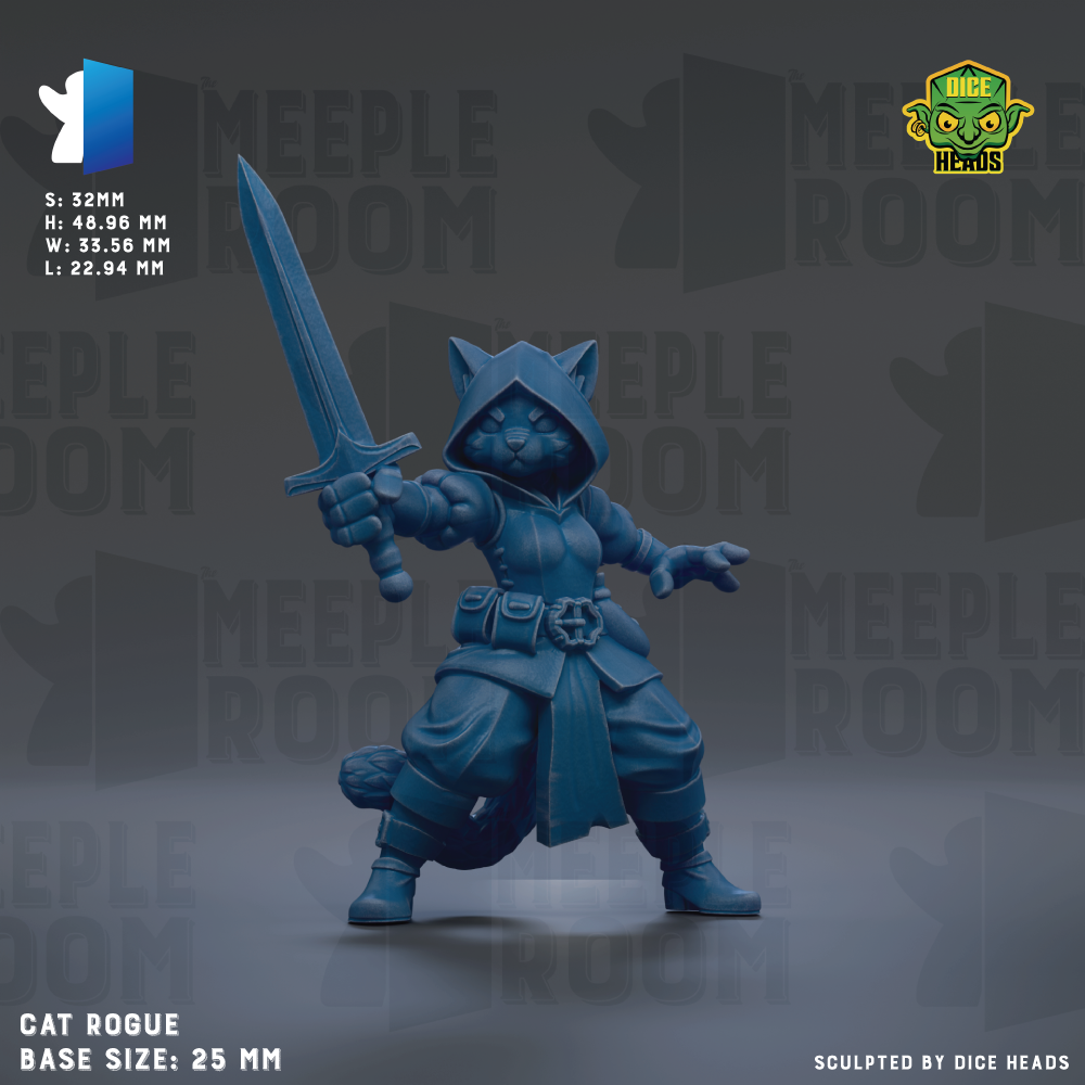 A 3D model of a cat-like creature holding a sword, with the base size of 25mm.