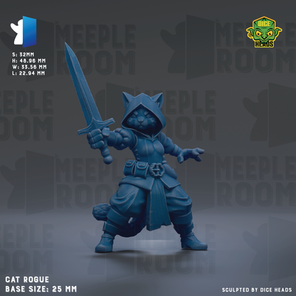A 3D model of a cat-like creature holding a sword, with the base size of 25mm.