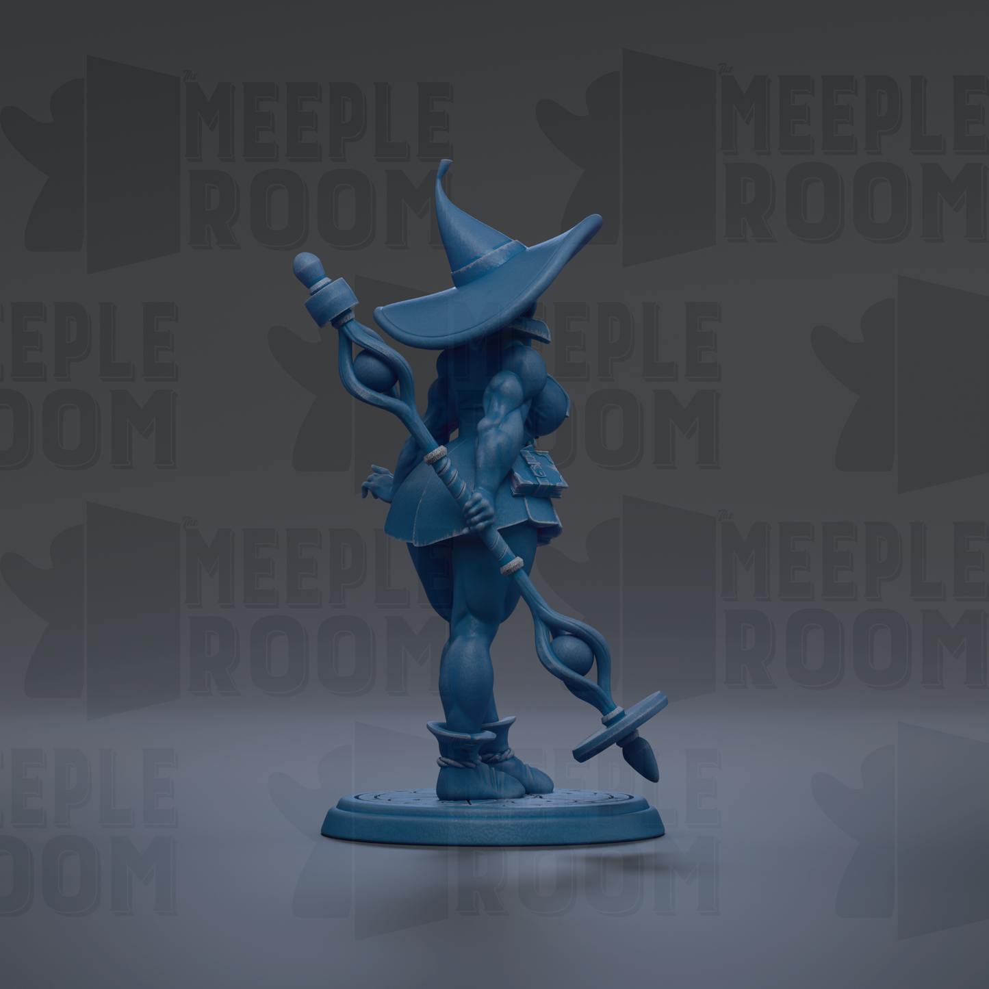 A blue figurine of a witch-like character holding a staff and a cauldron, standing on a platform against a dark background with repeated text.