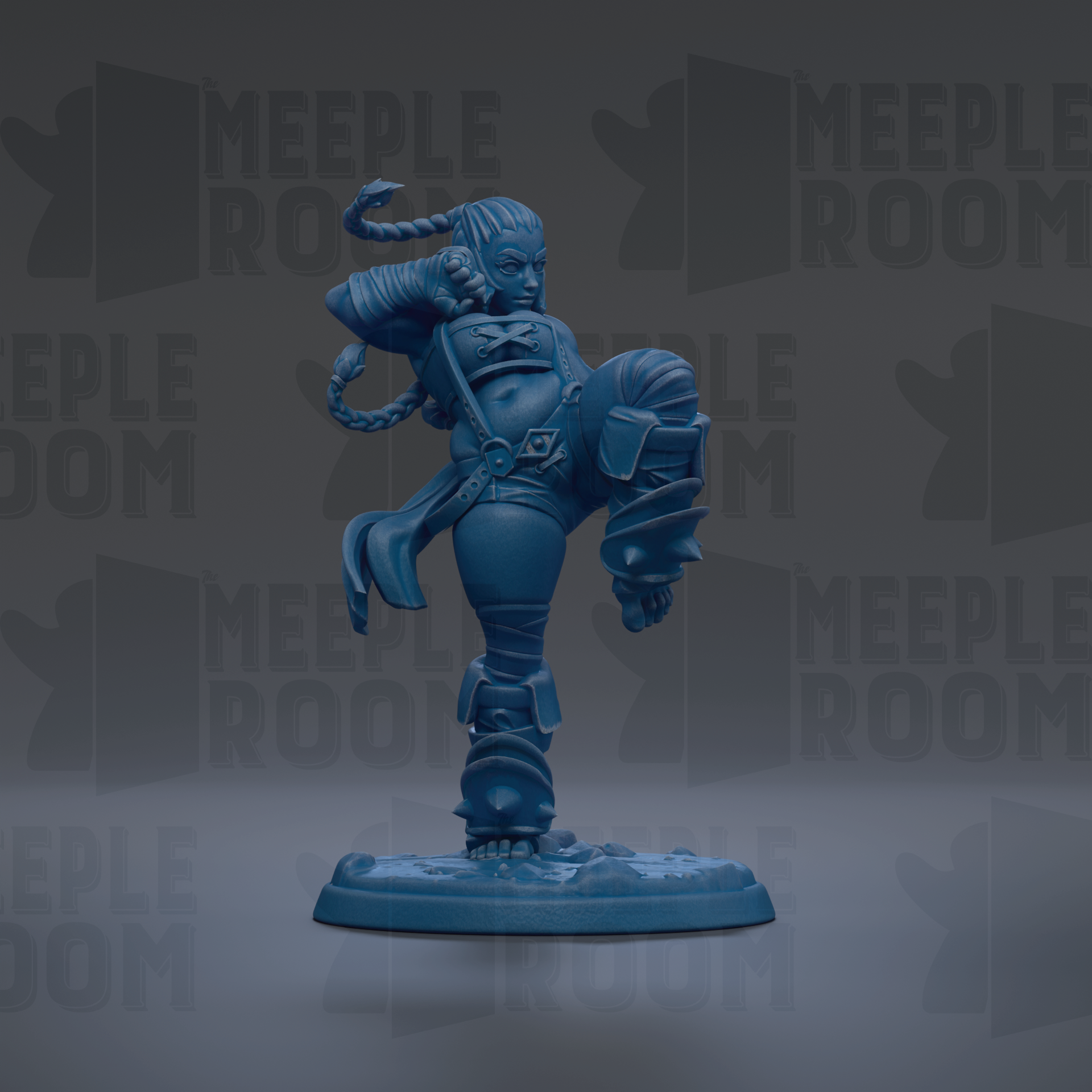 A blue figurine of a female character with braided hair and a determined expression, standing on a base and holding a weapon.