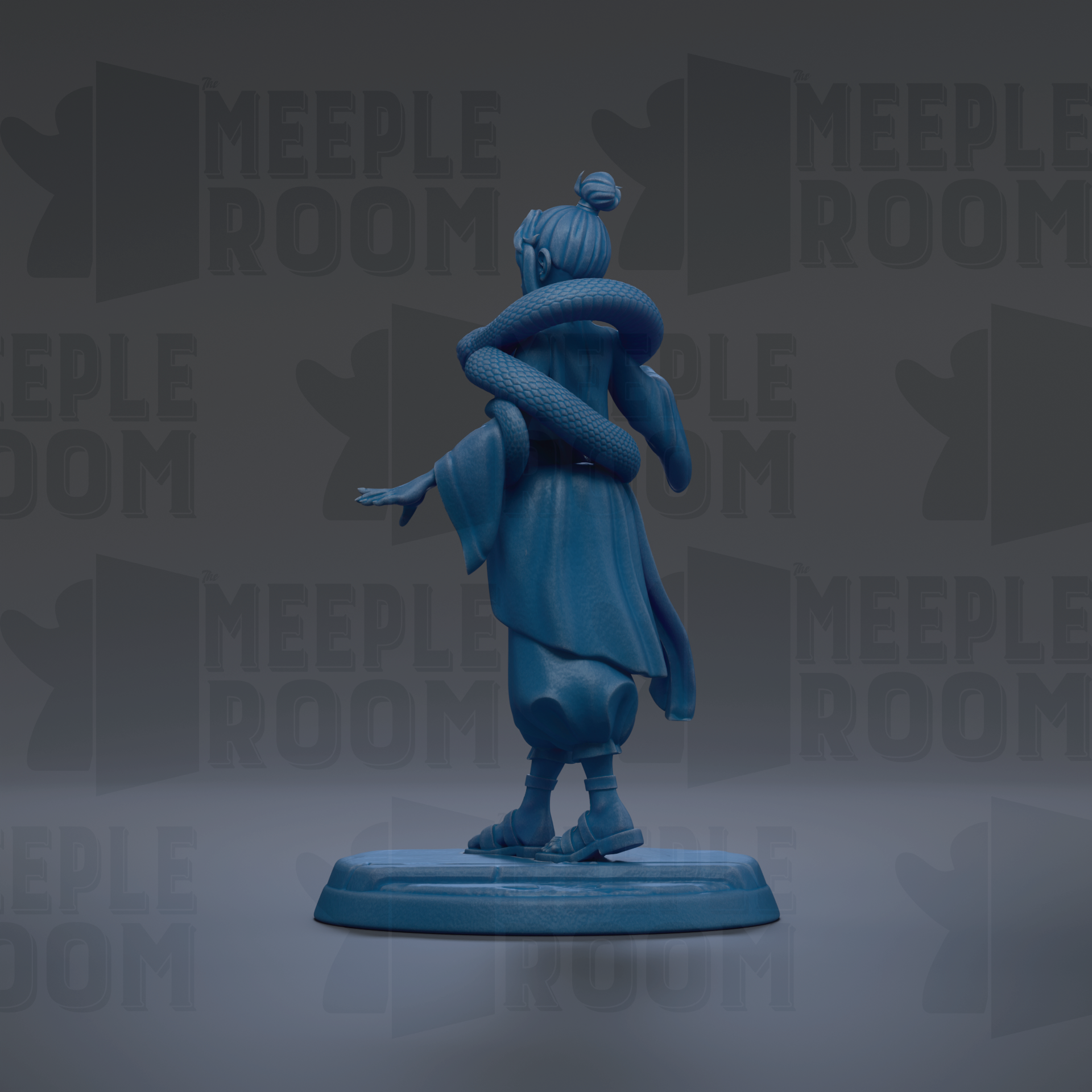 A blue figurine of a person with a snake wrapped around their neck, standing on a platform against a dark background with repeated text.