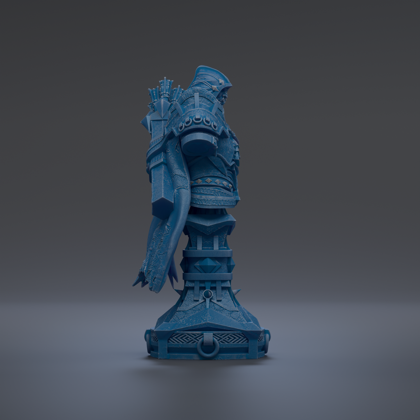 A 3D rendering of a blue armored figure standing on a pedestal against a dark background.